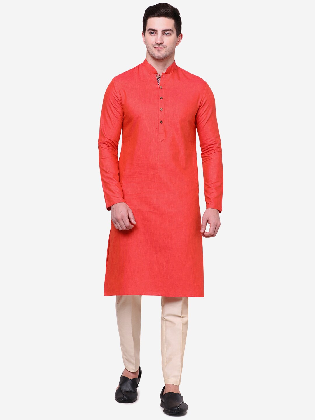 

THE KURTA COMPANY Mandarin Collar Cotton Kurta, Red