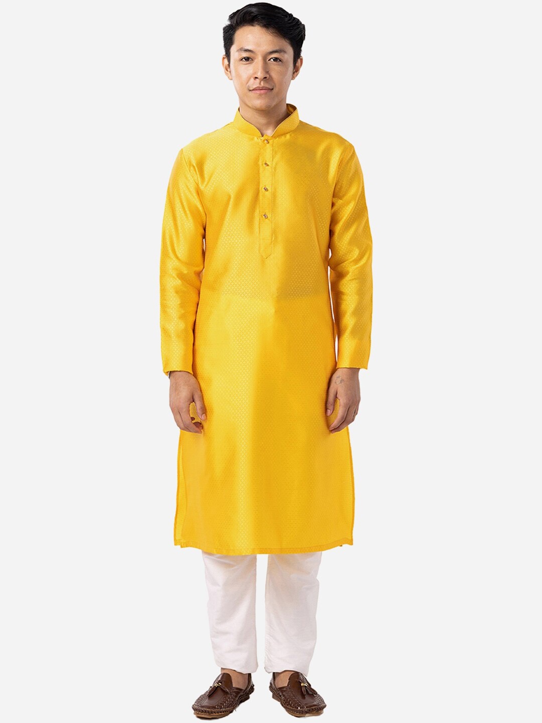 

THE KURTA COMPANY Geometric Woven Design Mandarin Collar Kurta, Yellow