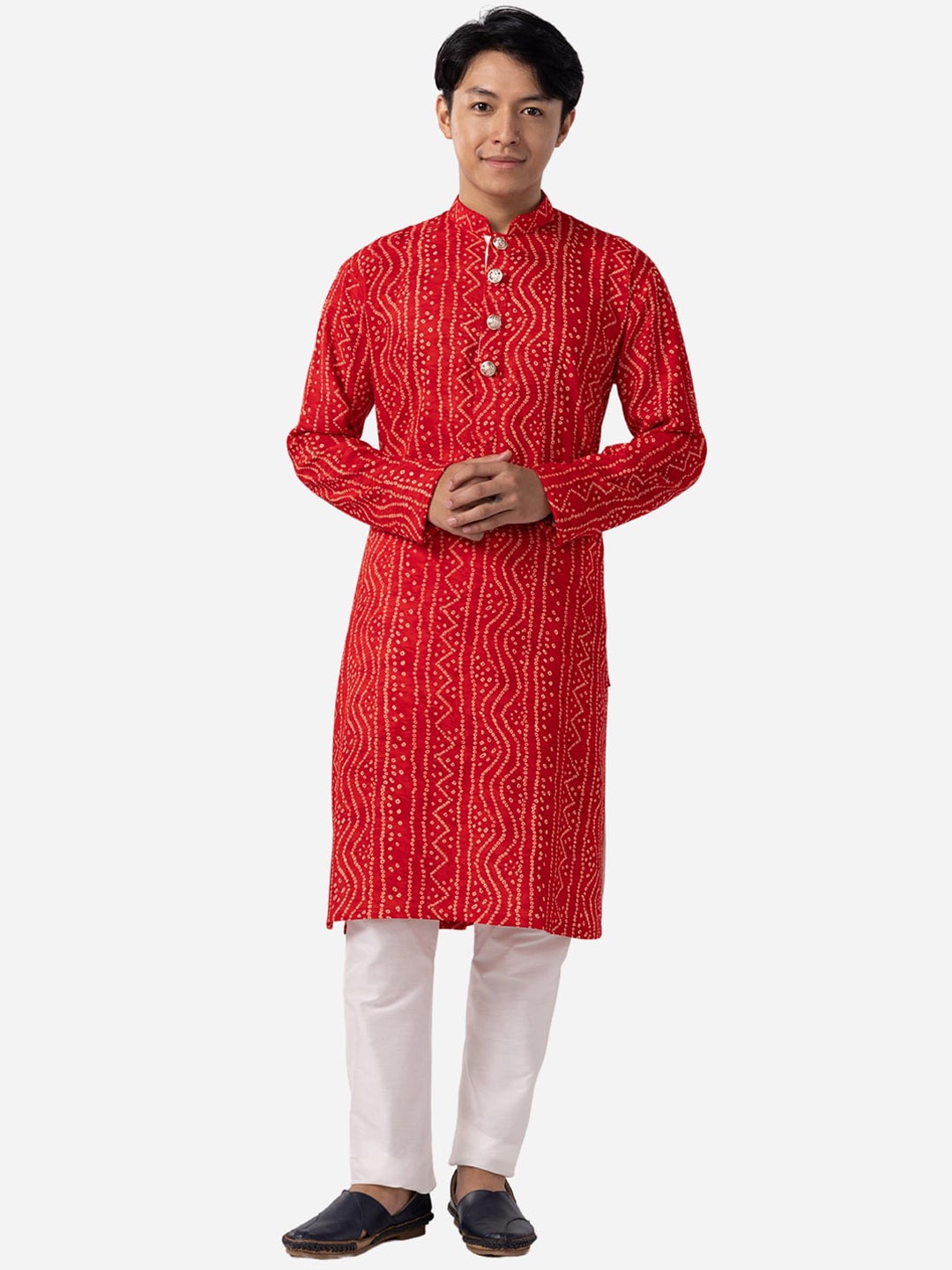 

THE KURTA COMPANY Bandhani Printed Mandarin Collar Cotton Silk Kurta, Red