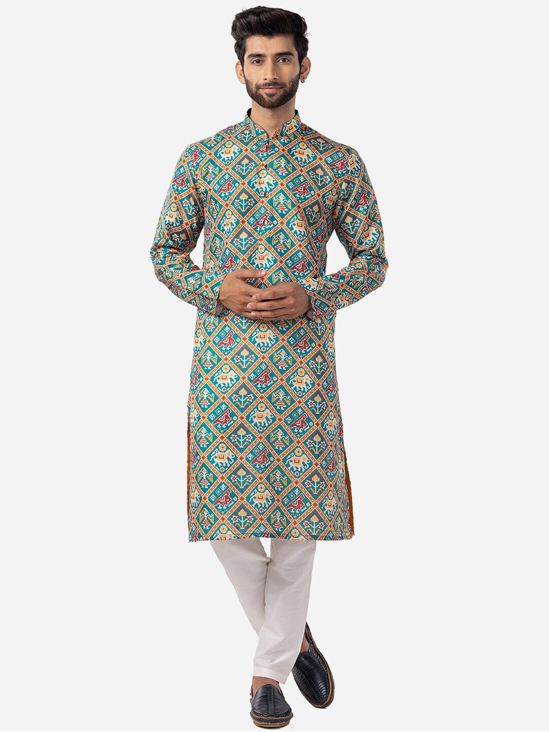 

THE KURTA COMPANY Ethnic Motifs Printed Mandarin Collar Straight Kurta, Green