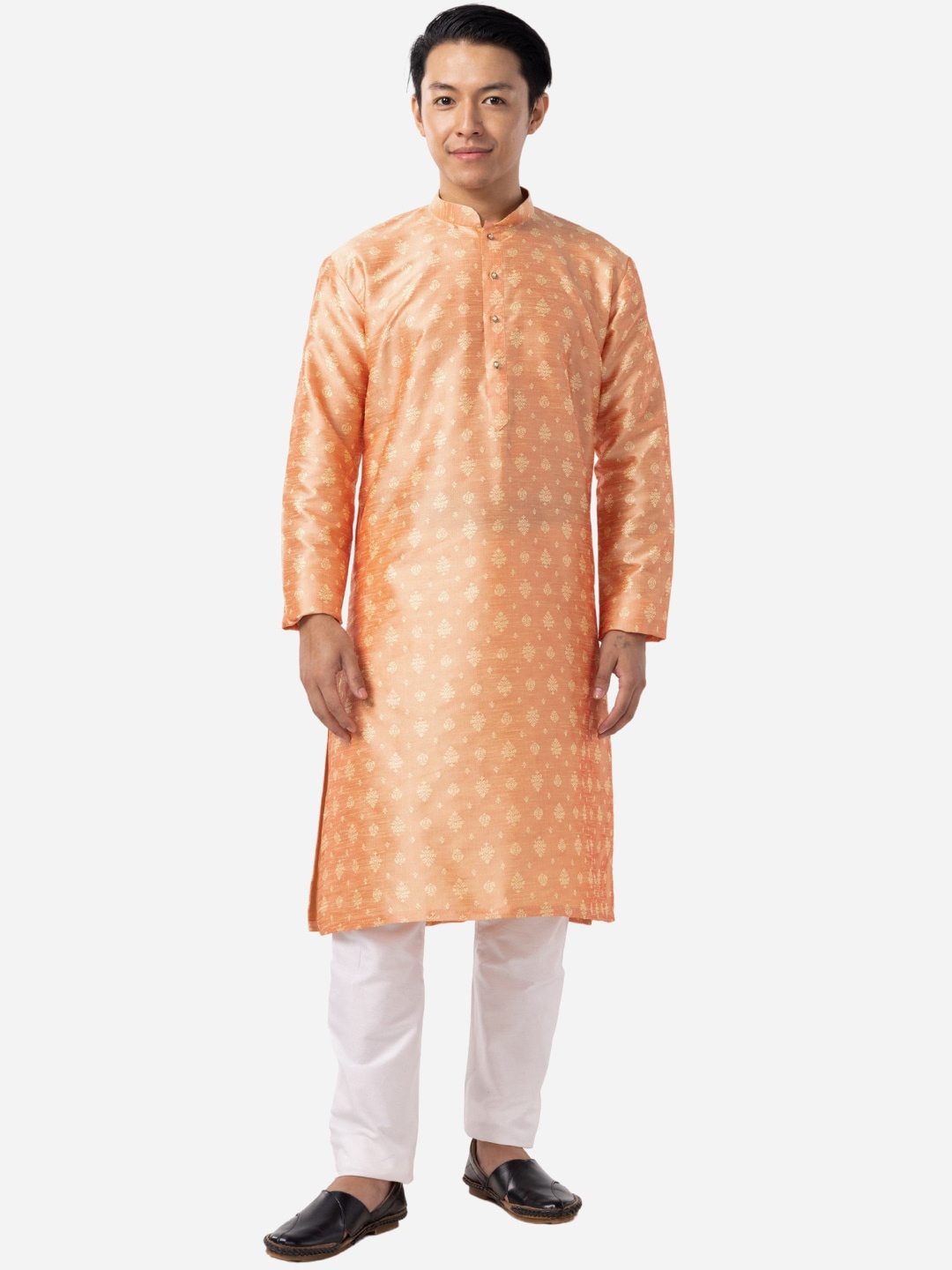 

THE KURTA COMPANY Woven Design Mandarin Collar Long Sleeves Straight Kurta, Pink