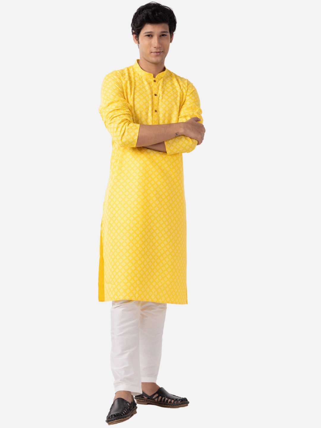 

THE KURTA COMPANY Geometric Printed Mandarin Collar Kurta, Yellow
