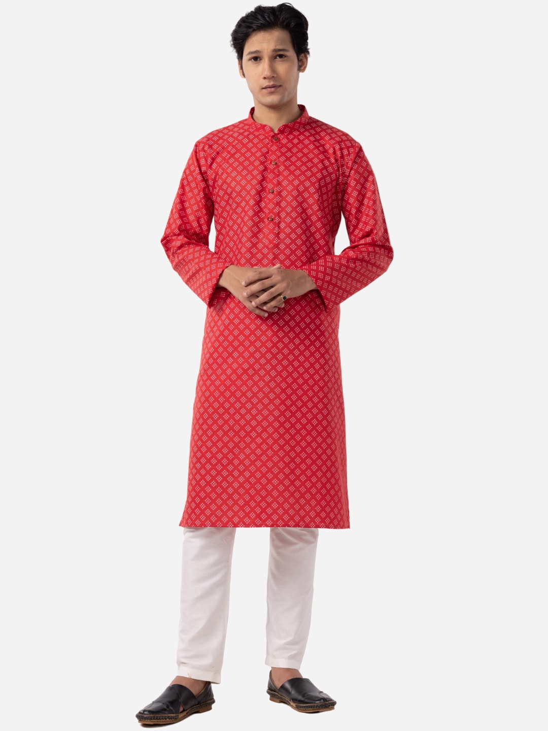 

THE KURTA COMPANY Geometric Printed Mandarin Collar Straight Kurta, Red