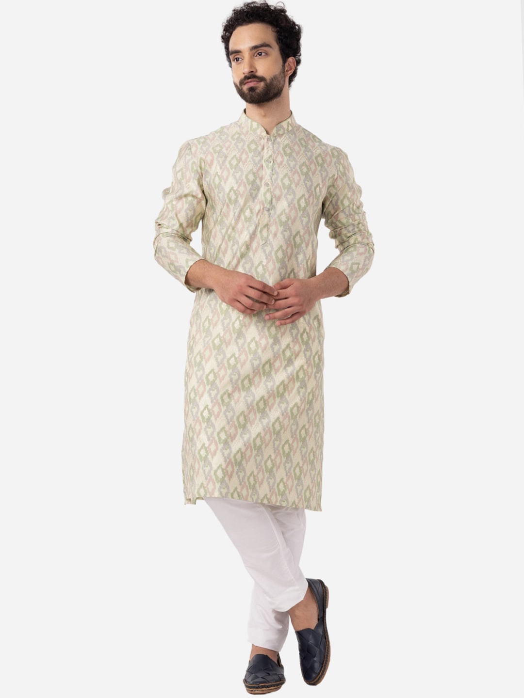 

THE KURTA COMPANY Ethnic Motifs Printed Cotton Silk Straight Kurta, Cream