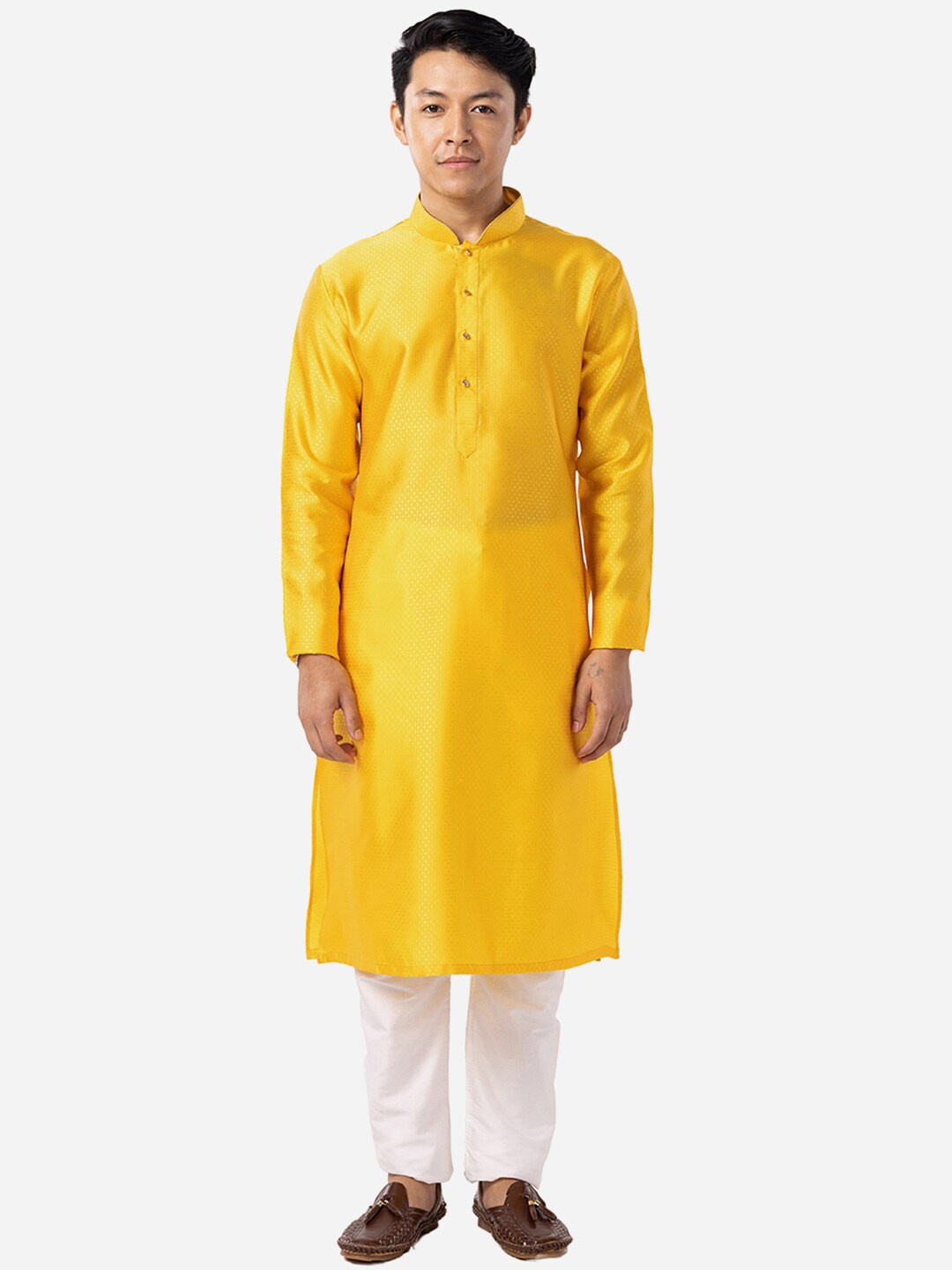 

THE KURTA COMPANY Woven Design Mandarin Collar Long Sleeves Straight Kurta, Yellow