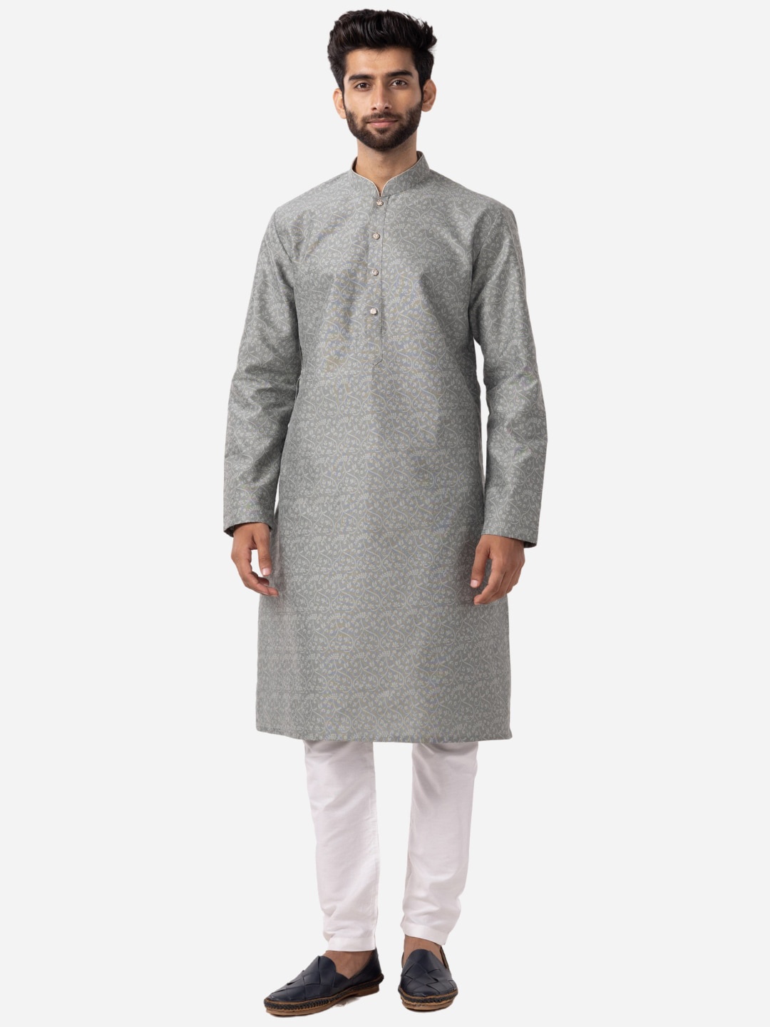 

THE KURTA COMPANY Men Ethnic Motifs Printed Cotton Silk Kurta, Grey