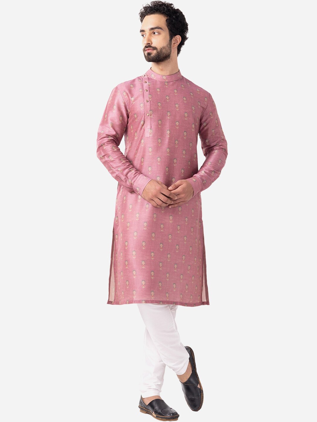 

THE KURTA COMPANY Floral Printed Band Collar Pure Cotton Straight Kurta, Pink