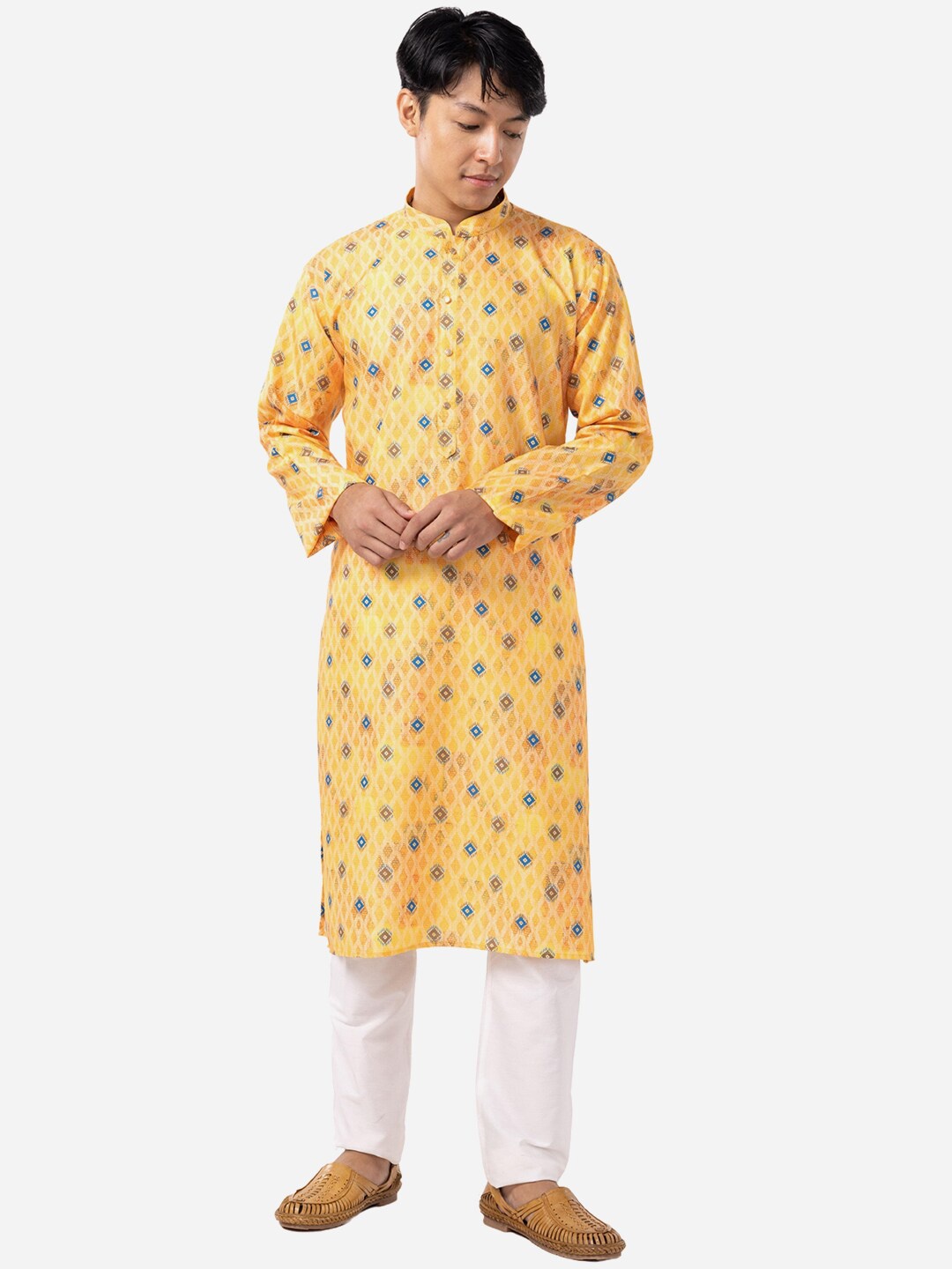 

THE KURTA COMPANY Geometric Printed Mandarin Collar Pure Cotton Kurta, Yellow