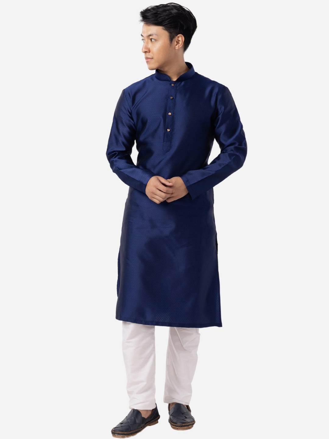 

THE KURTA COMPANY Woven Design Mandarin Collar Long Sleeves Straight Kurta, Blue