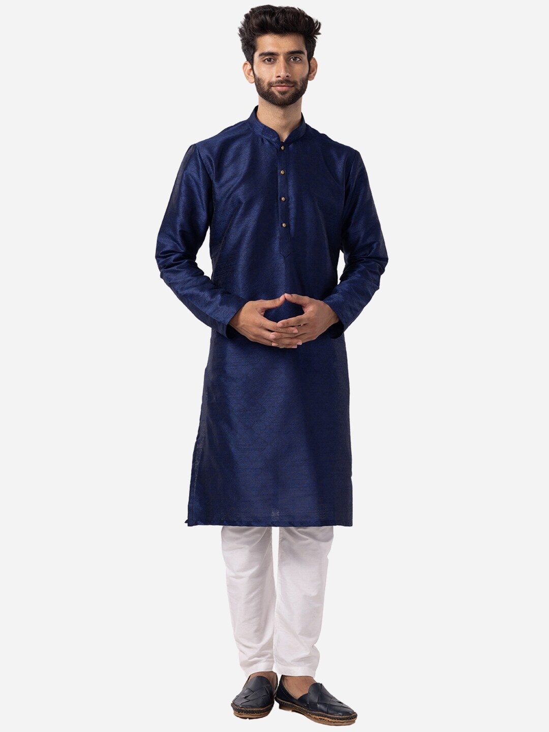 

THE KURTA COMPANY Woven Design Mandarin Collar Long Sleeves Straight Kurta, Blue
