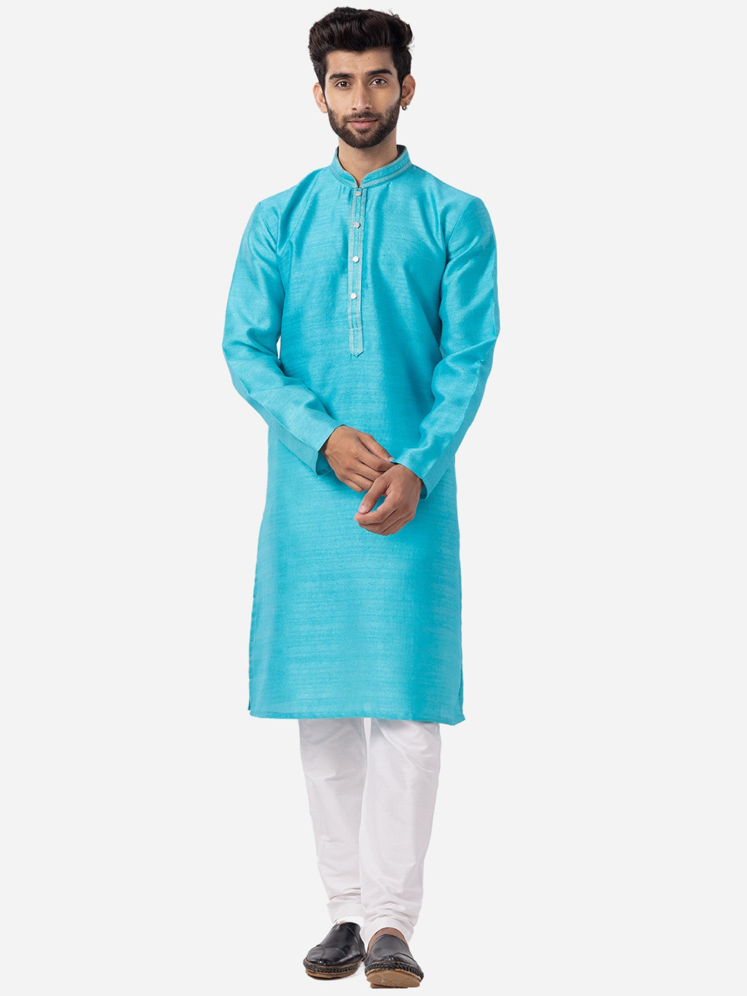 

THE KURTA COMPANY Mandarin Collar Silk Straight Kurta, Blue