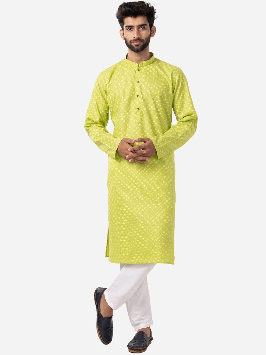 

THE KURTA COMPANY Ethnic Motifs Woven Designed Mandarin Collar Cotton Straight Kurta, Yellow