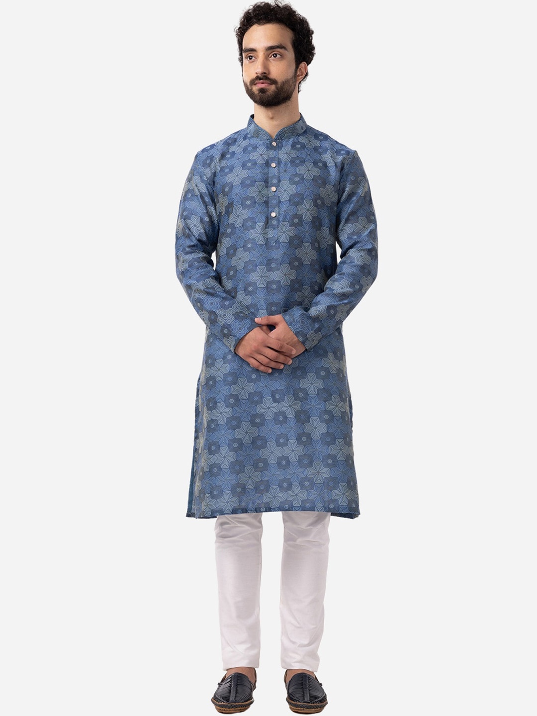 

THE KURTA COMPANY Geometric Printed Mandarin Collar Cotton Silk Kurta, Blue