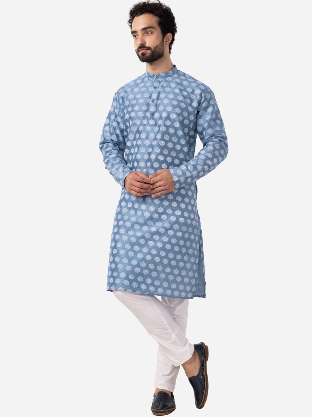 

THE KURTA COMPANY Ethnic Motifs Band Collar Silk Straight Kurta, Blue