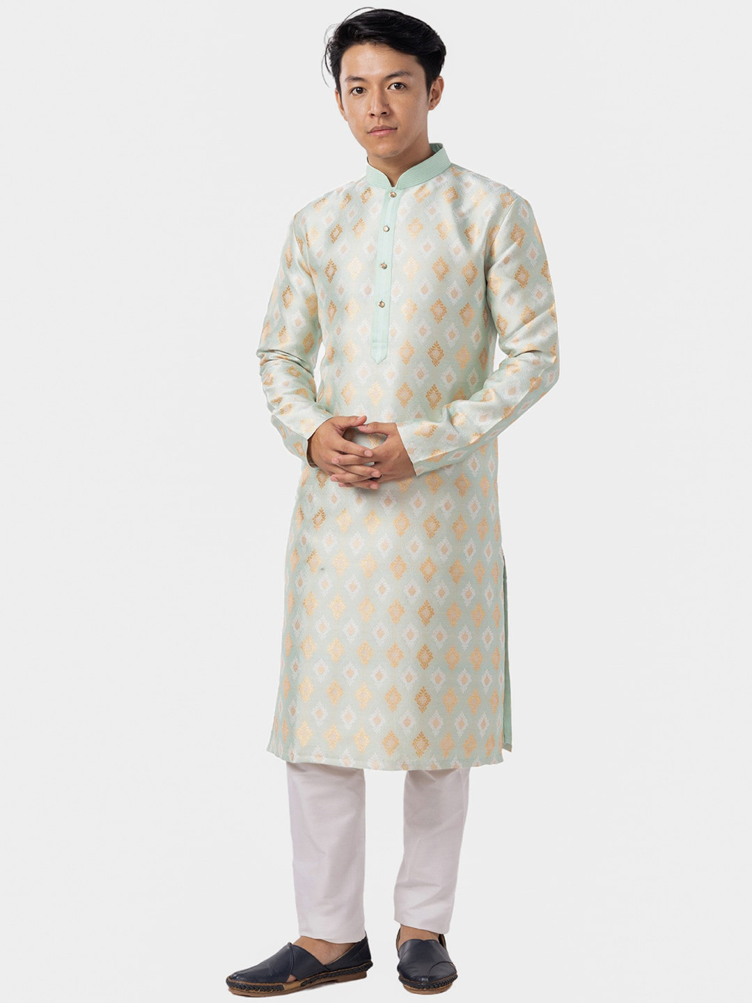 

THE KURTA COMPANY Ethnic Motifs Printed Mandarin Collar Jacquard Straight Kurta, Green
