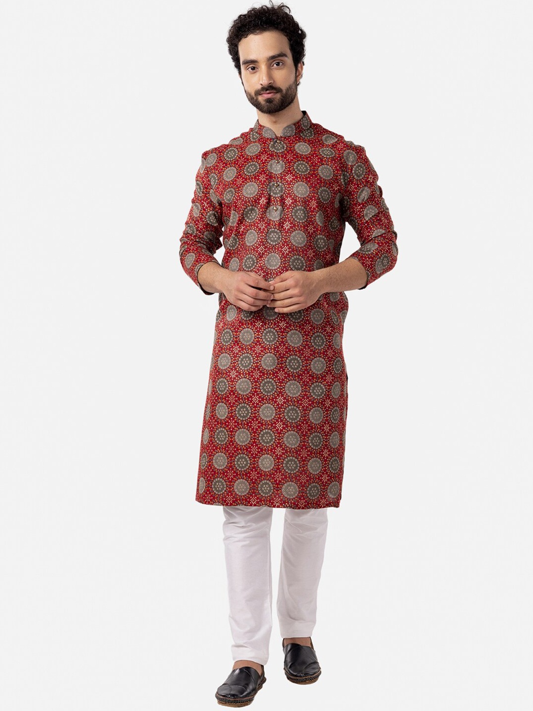 

THE KURTA COMPANY Ethnic Motifs Printed Mandarin Collar Long Sleeves Straight Kurta, Red