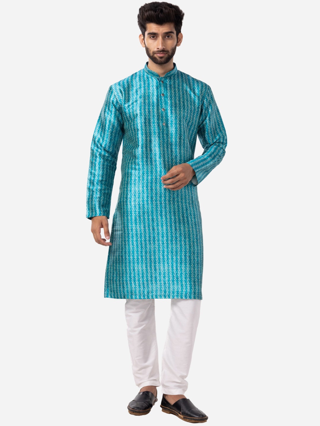 

THE KURTA COMPANY Striped Mandarin Collar Straight Silk Kurta, Blue