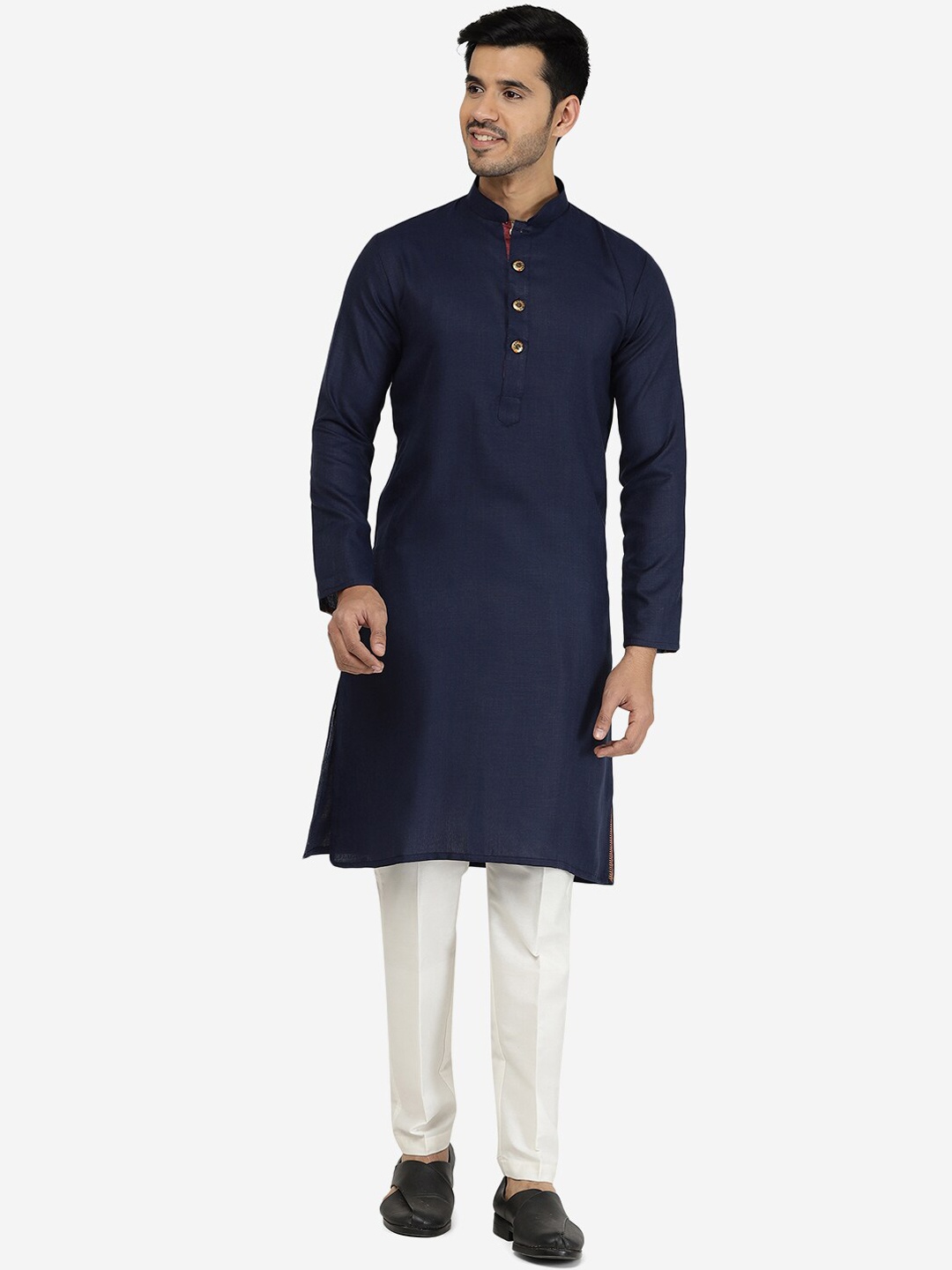 

THE KURTA COMPANY Mandarin Collar Cotton Silk Straight Kurta, Navy blue