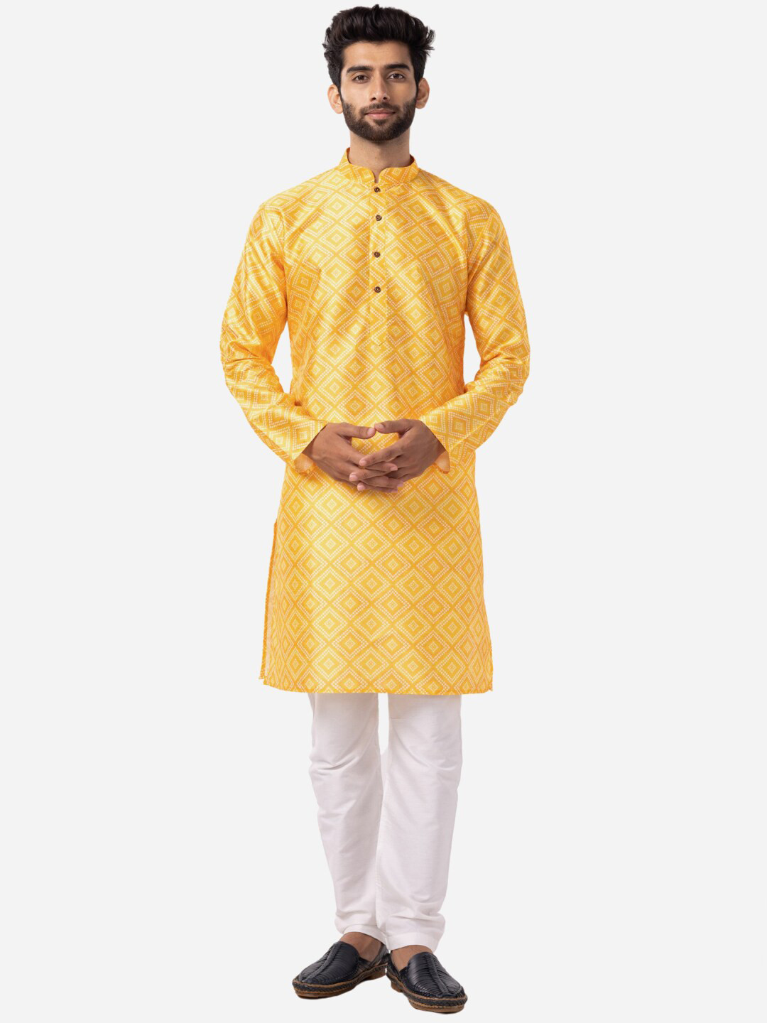 

THE KURTA COMPANY Woven Design Mandarin Collar Long Sleeves Straight Kurta, Yellow
