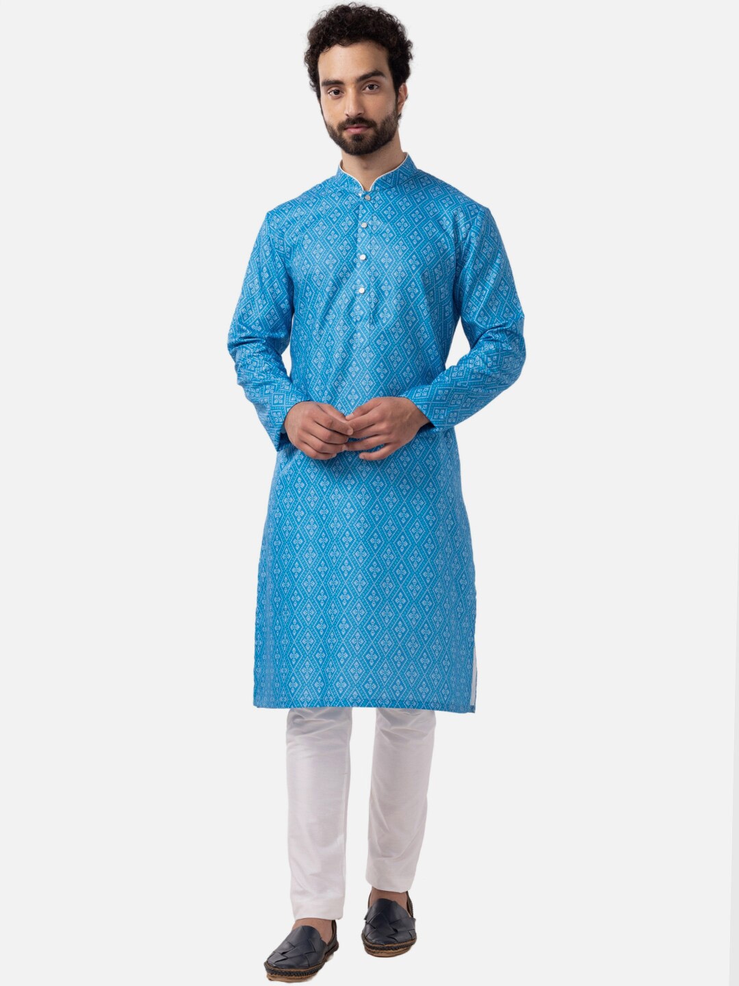 

THE KURTA COMPANY Bandhani Printed Mandarin Collar Straight Kurta, Blue