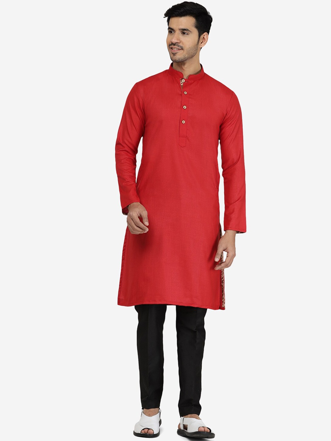 

THE KURTA COMPANY Mandarin Collar Cotton Straight Kurta, Red