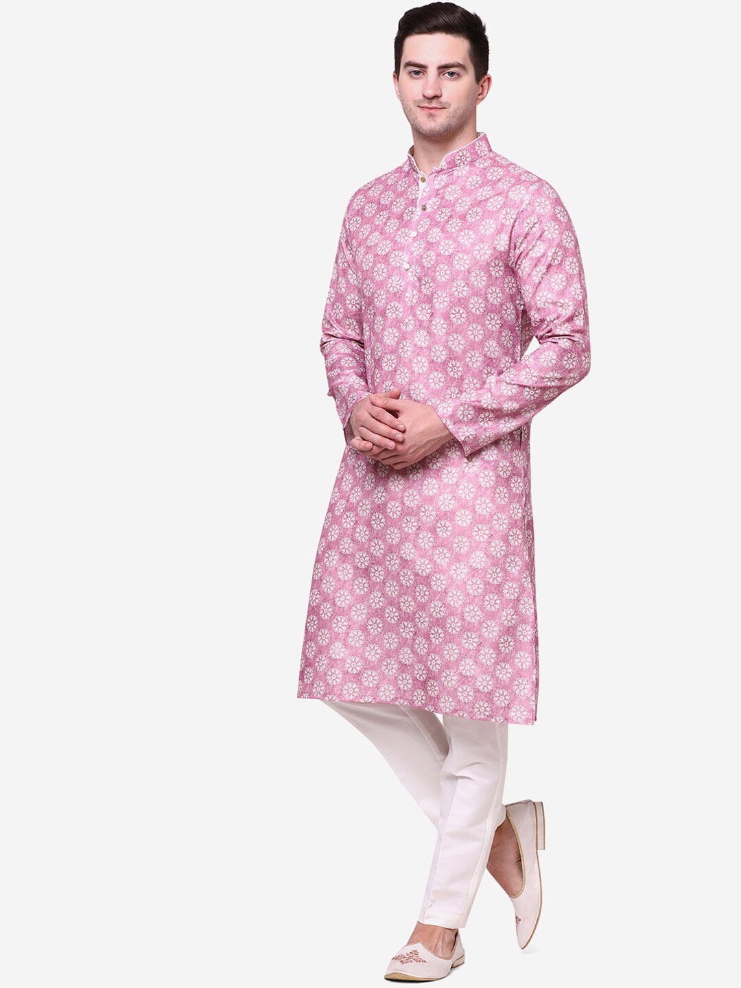 

THE KURTA COMPANY Ethnic Motifs Printed Mandarin Collar Cotton Silk Straight Kurta, Pink