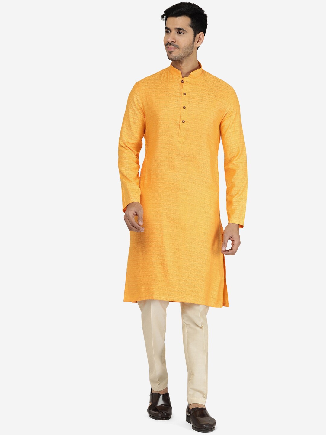 

THE KURTA COMPANY Woven Design Mandarin Collar Straight Kurta, Yellow