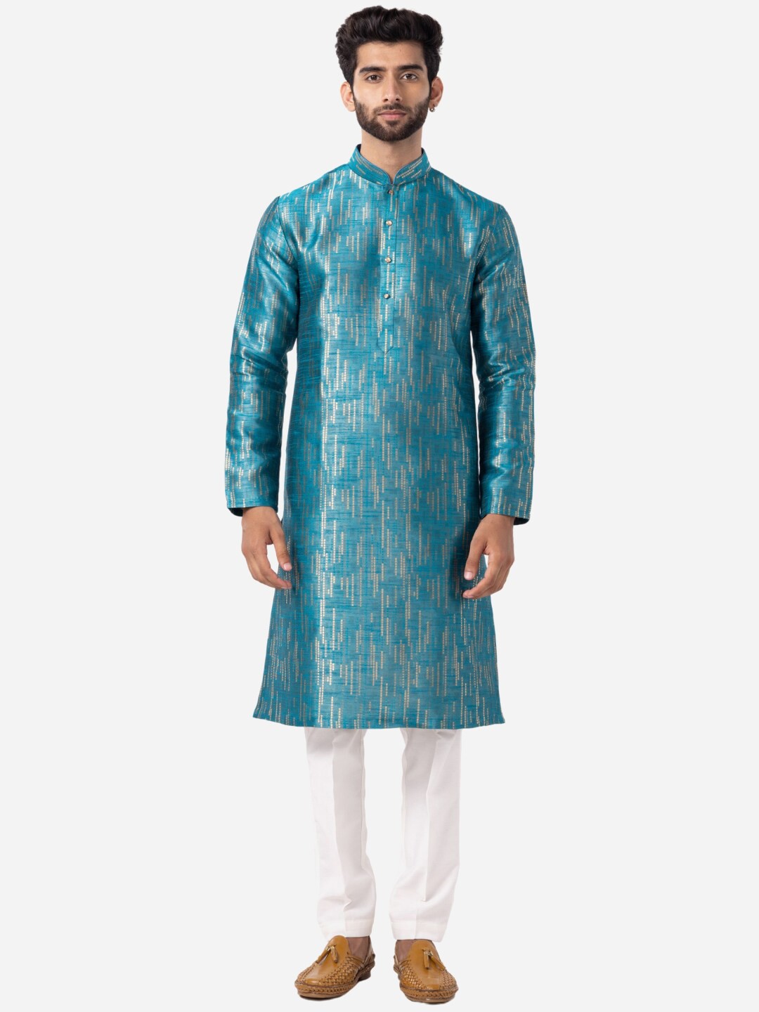 

THE KURTA COMPANY Woven Design Mandarin Collar Zari Kurta, Blue