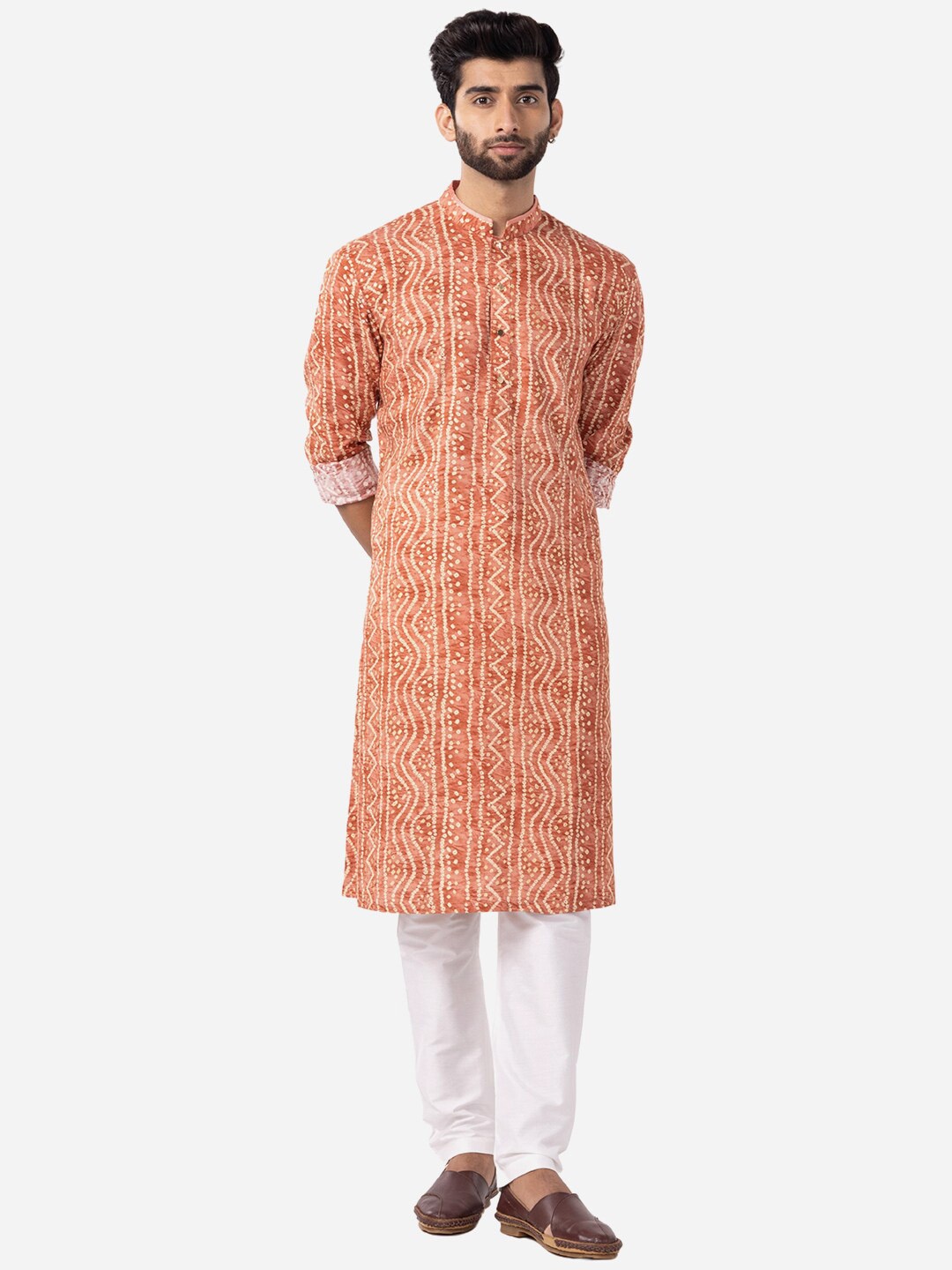 

THE KURTA COMPANY Bandhani Printed Mandarin Collar Kurta, Brown