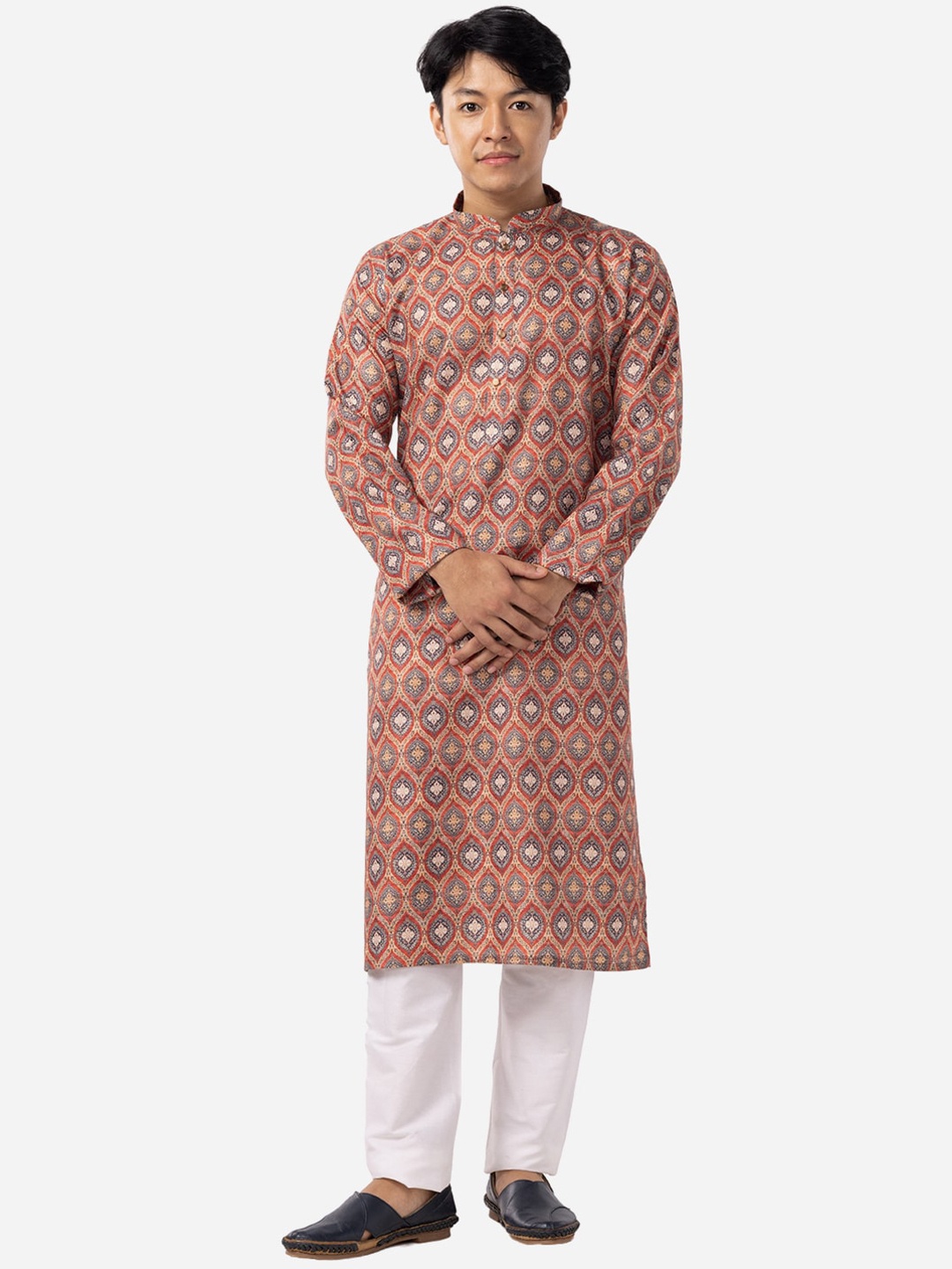 

THE KURTA COMPANY Ethnic Motifs Woven Designed Mandarin Collar Straight Kurta, Beige