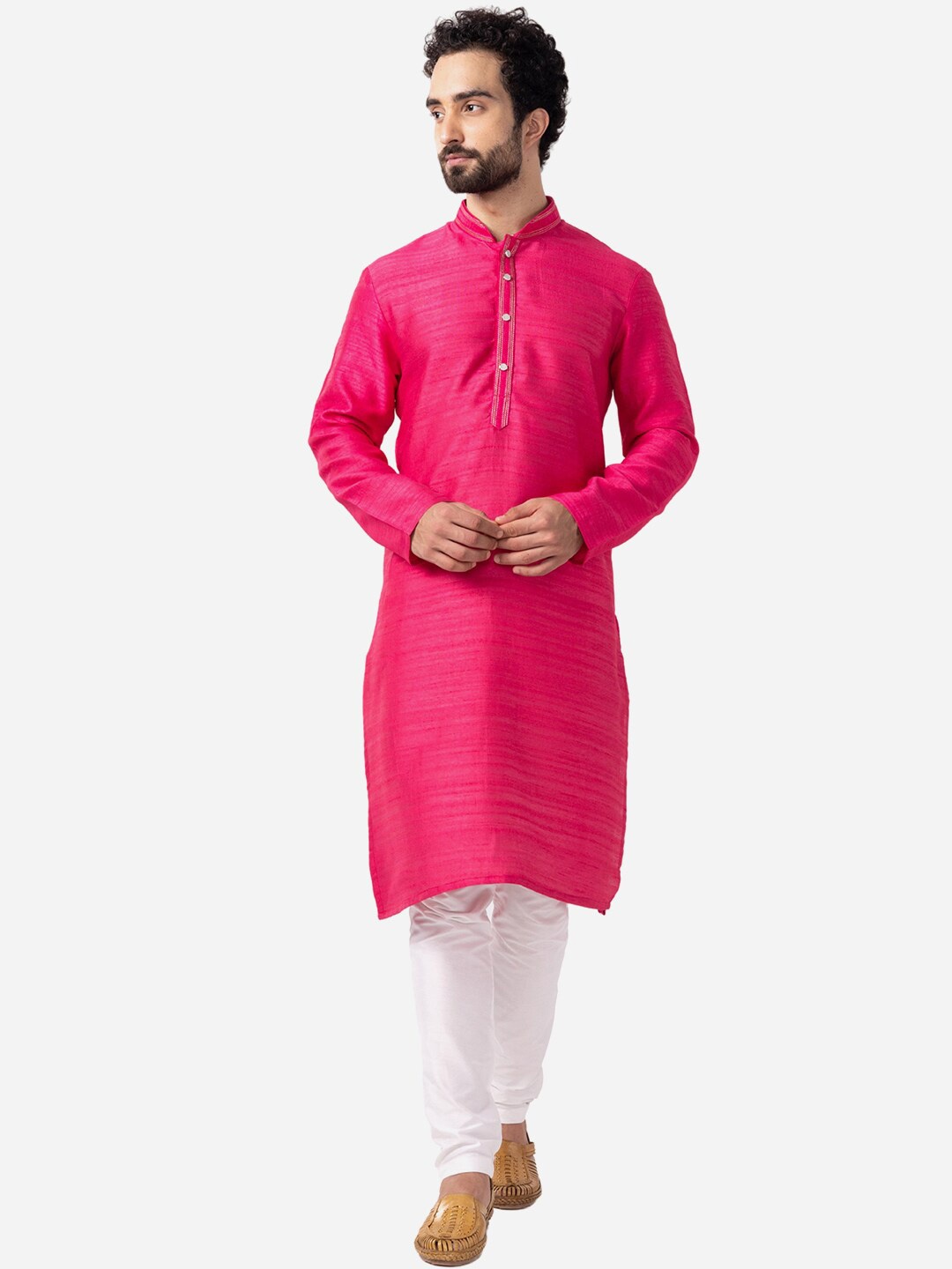 

THE KURTA COMPANY Mandarin Collar Silk Straight Kurta, Pink