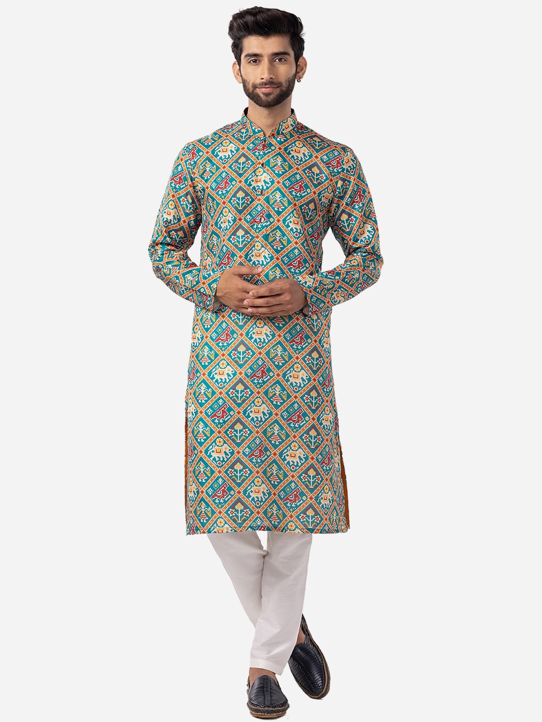 

THE KURTA COMPANY Ethnic Motifs Printed Silk Straight Kurta, Green