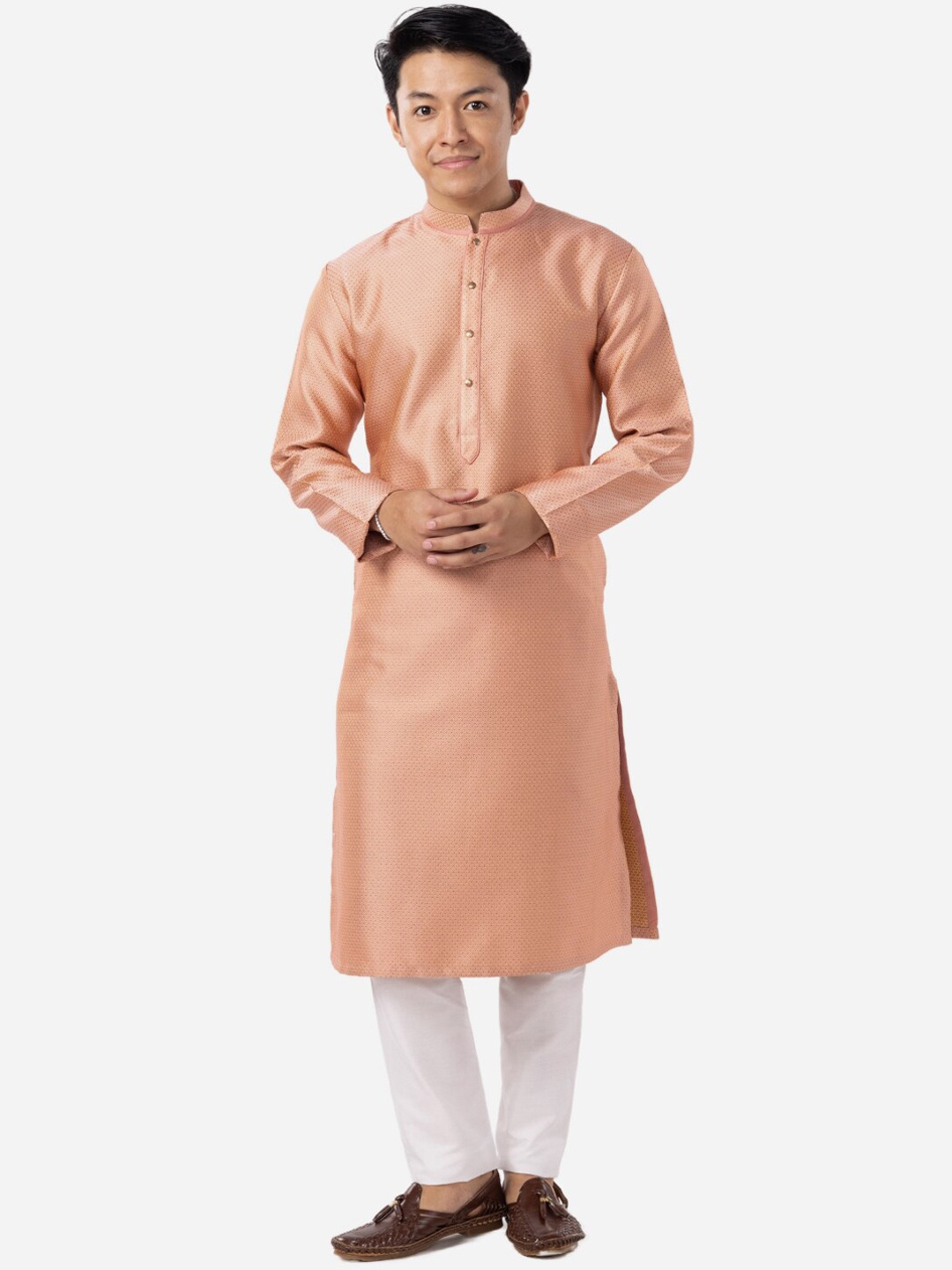

THE KURTA COMPANY Woven Design Mandarin Collar Long Sleeves Straight Kurta, Pink