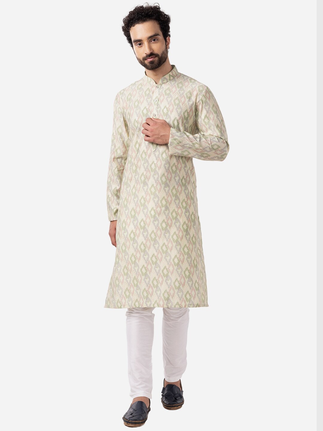 

THE KURTA COMPANY Ethnic Motifs Printed Cotton Silk Straight Kurta, Cream