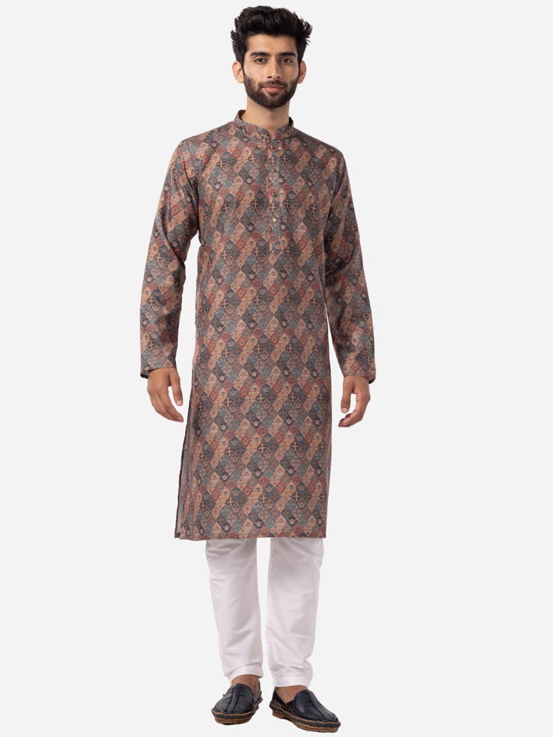 

THE KURTA COMPANY Ethnic Motifs Printed Mandarin Collar Kurta, Beige