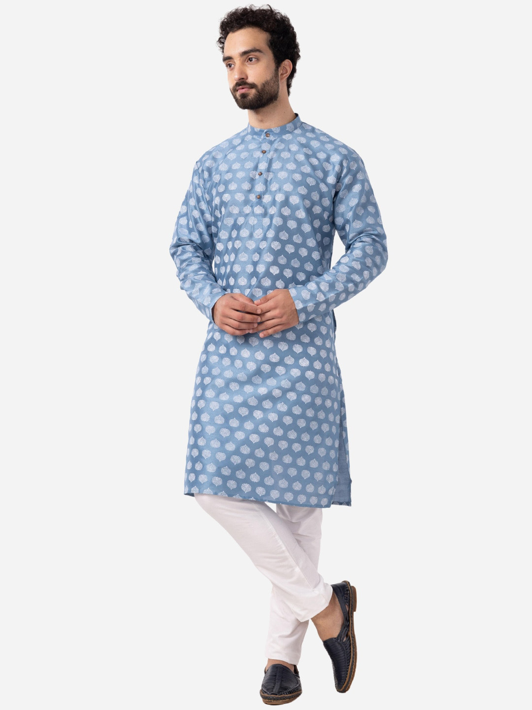 

THE KURTA COMPANY Ethnic Motifs Printed Mandarin Collar Straight Kurta, Blue