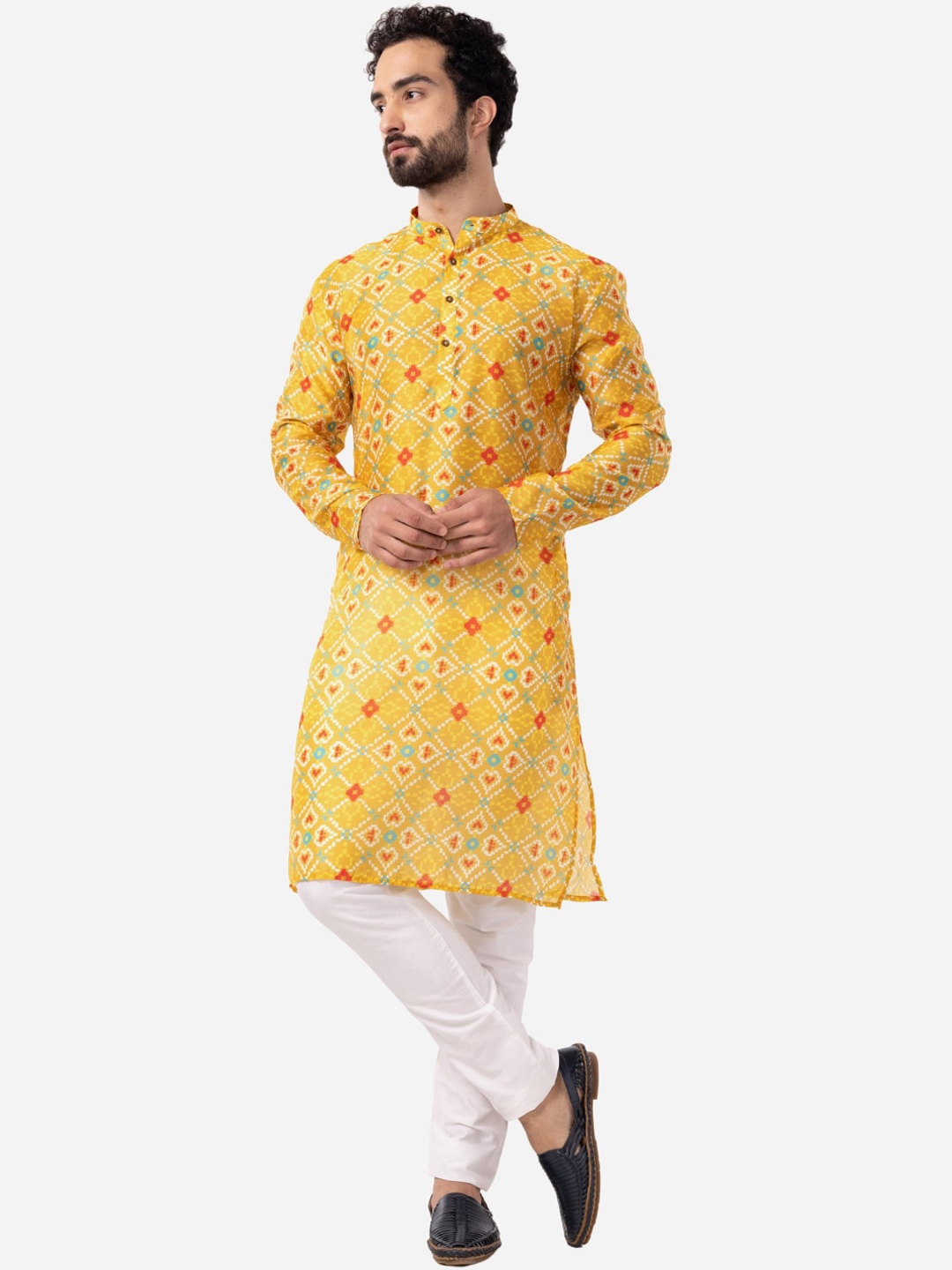 

THE KURTA COMPANY Ethnic Motifs Printed Mandarin Collar Straight Kurta, Yellow