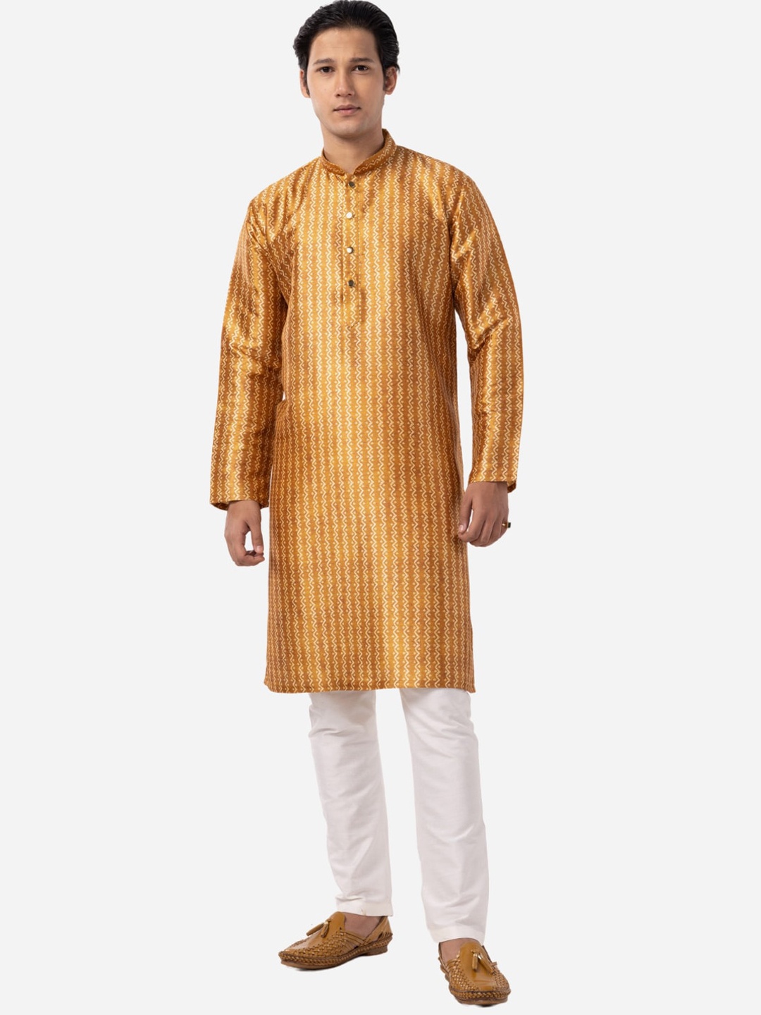 

THE KURTA COMPANY Striped Mandarin Collar Silk Kurta, Yellow