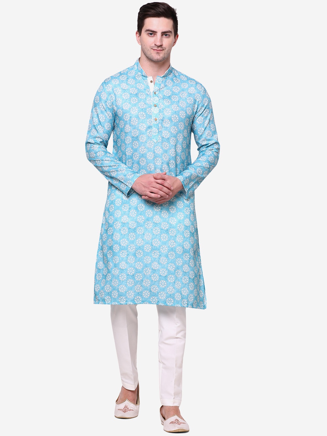 

THE KURTA COMPANY Floral Printed Mandarin Collar Cotton Silk Straight Kurta, Blue