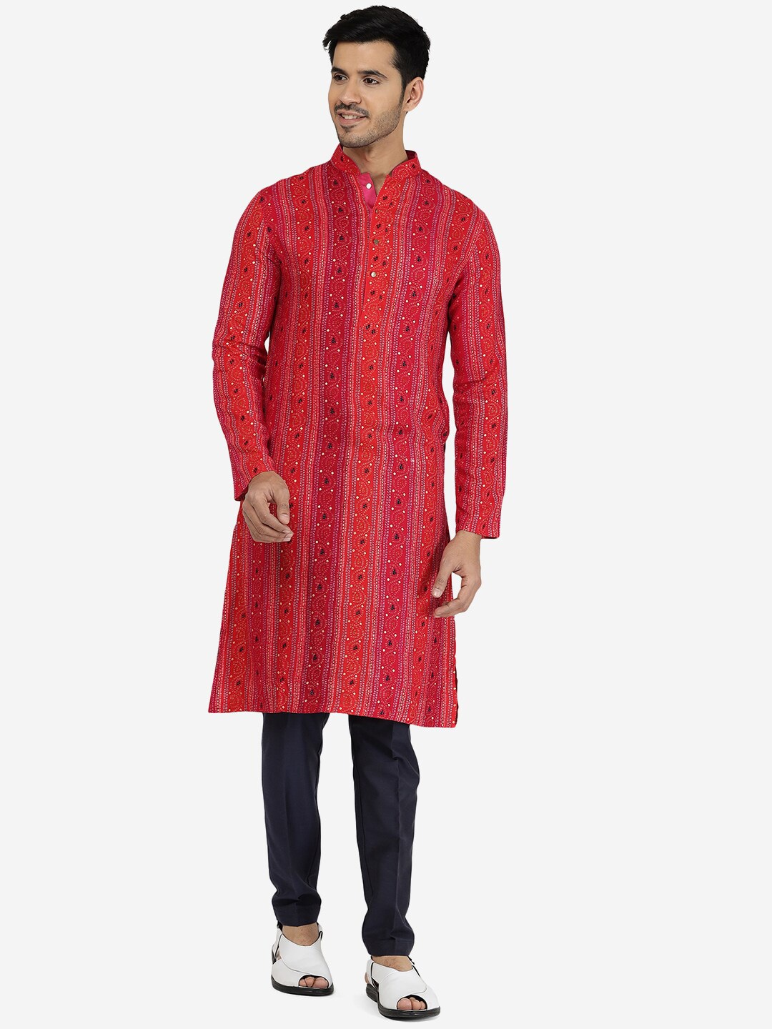 

THE KURTA COMPANY Bandhani Printed Mandarin Collar Cotton Straight Kurta, Red