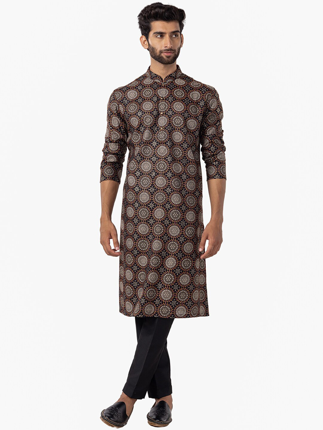 

THE KURTA COMPANY Ethnic Motifs Printed Mandarin Collar Kurta, Black