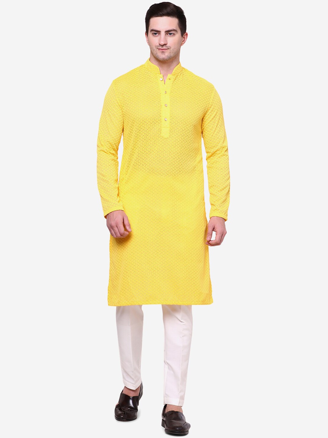 

THE KURTA COMPANY Floral Woven Design Mandarin Collar Cotton Kurta, Yellow