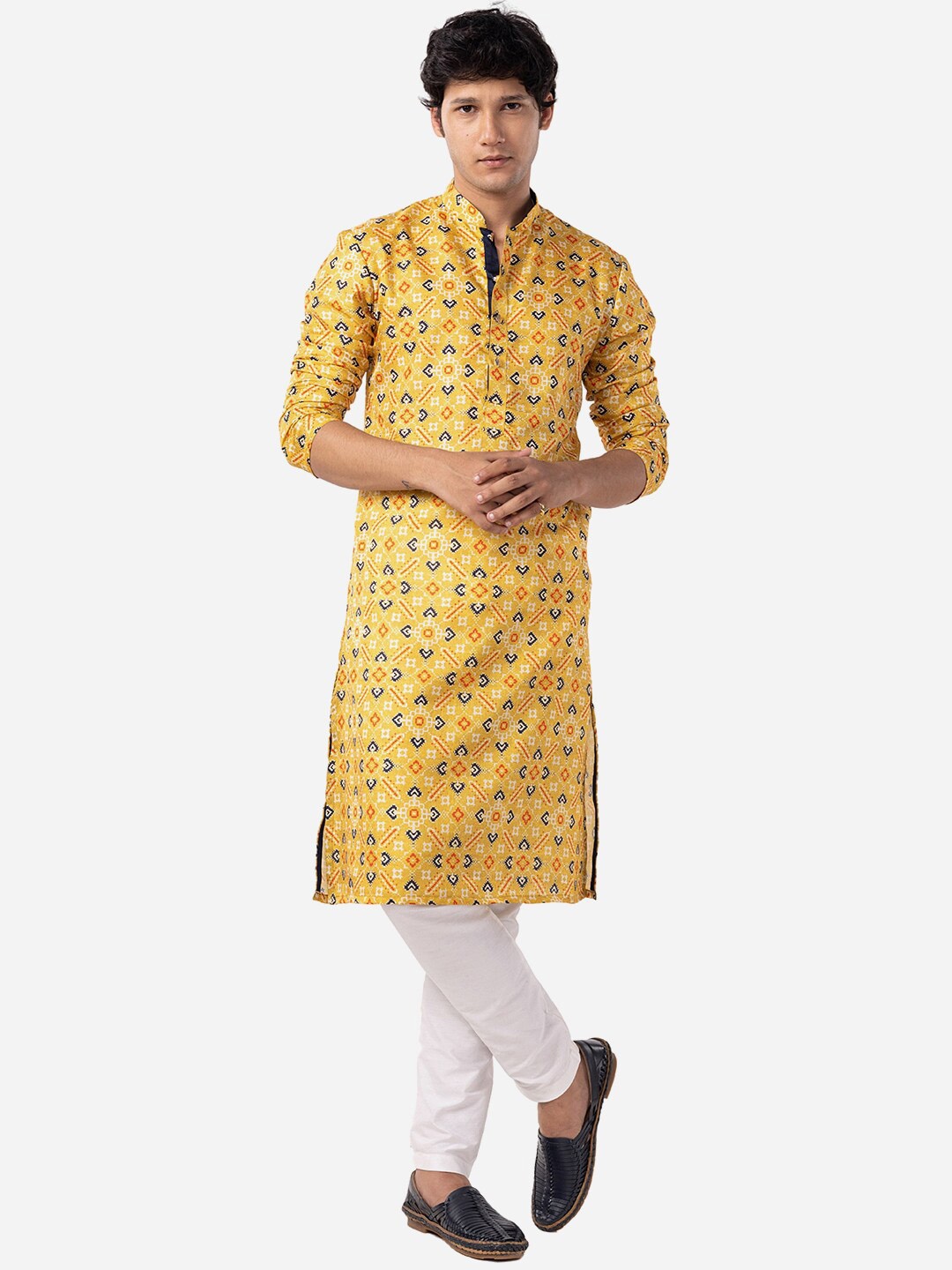 

THE KURTA COMPANY Ethnic Motifs Printed Mandarin Collar Silk Kurta, Yellow