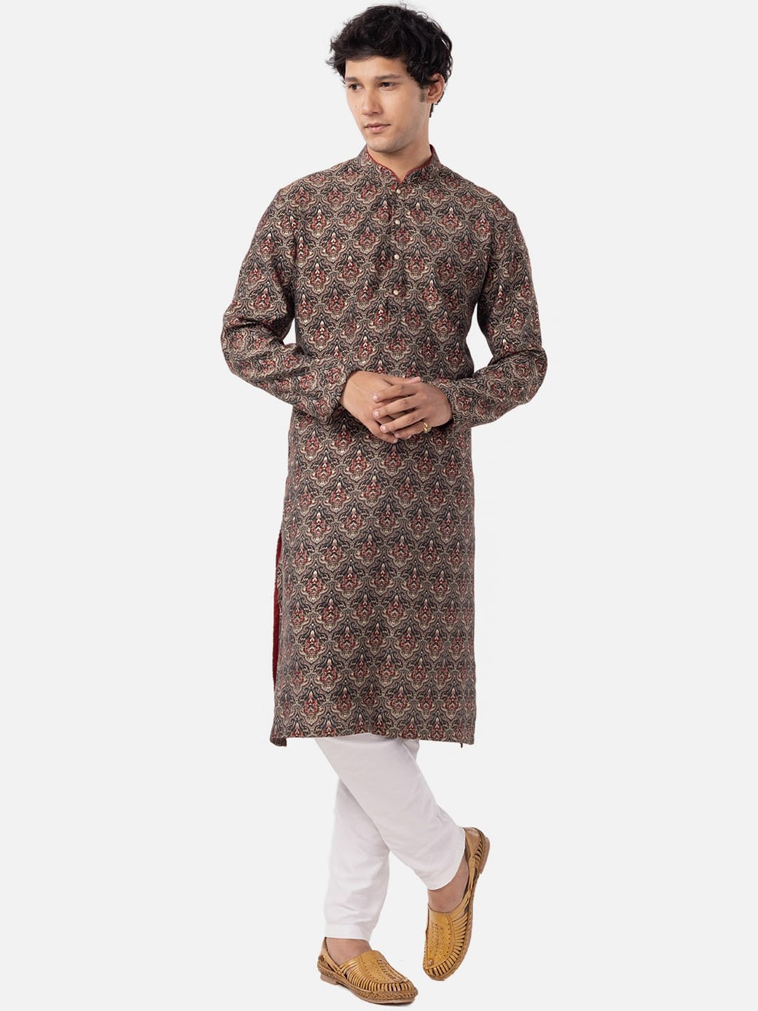 

THE KURTA COMPANY Ethnic Motifs Printed Mandarin Collar Straight Kurta, Brown