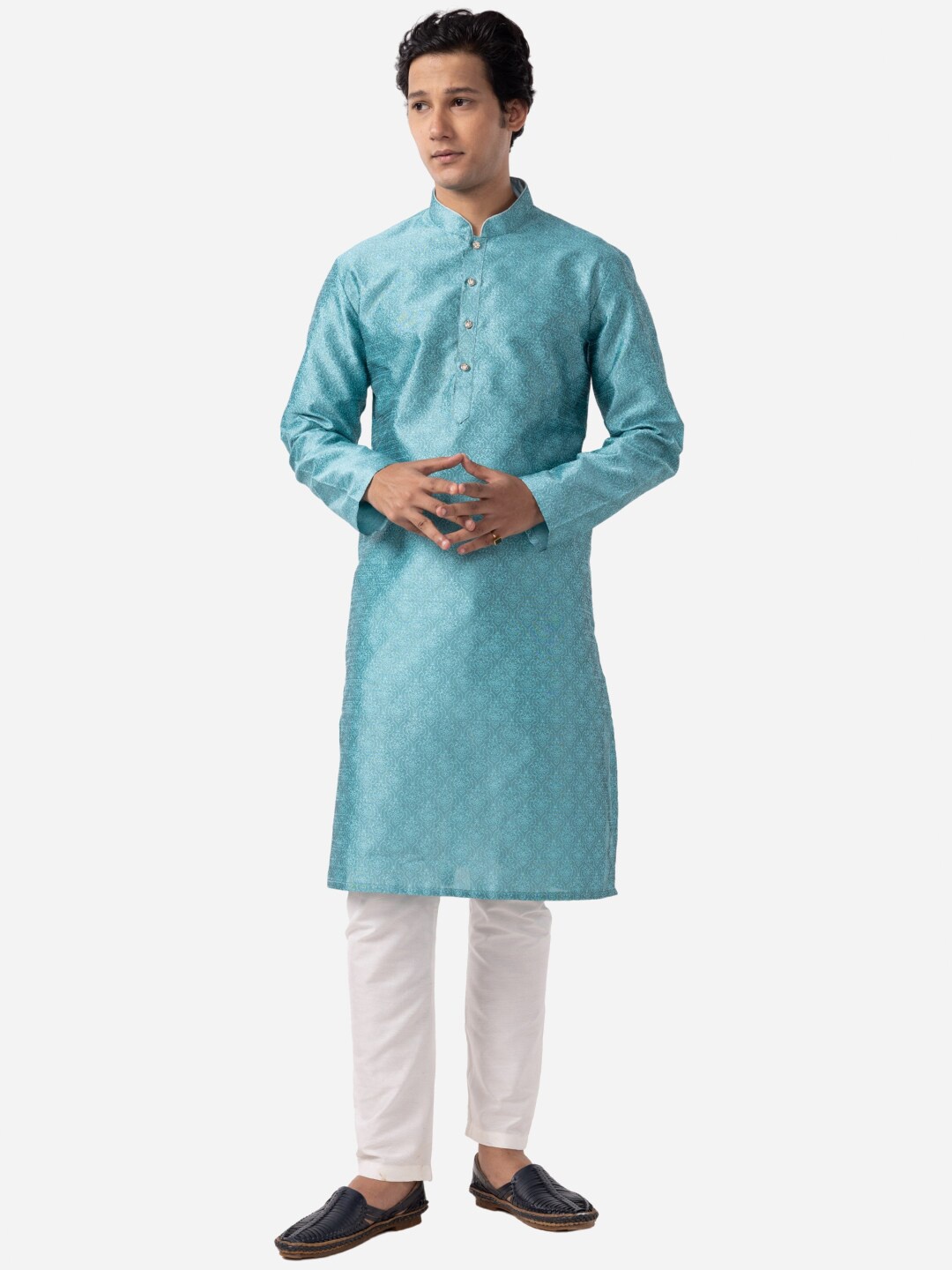 

THE KURTA COMPANY Ethnic Motifs Woven Design Mandarin Collar Straight Kurta, Blue