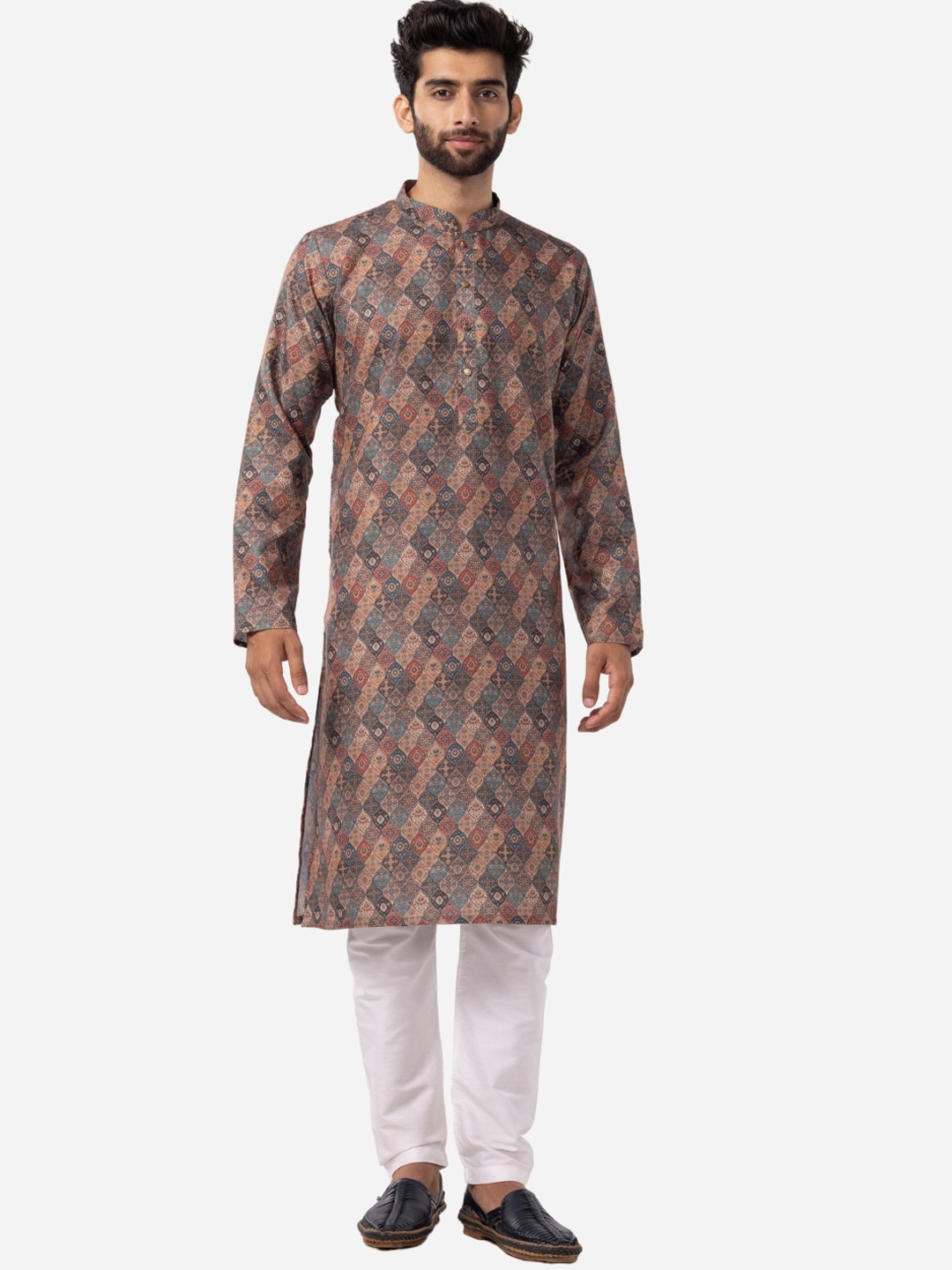 

THE KURTA COMPANY Ethnic Motifs Printed Mandarin Collar Pure Cotton Straight Kurta, Beige