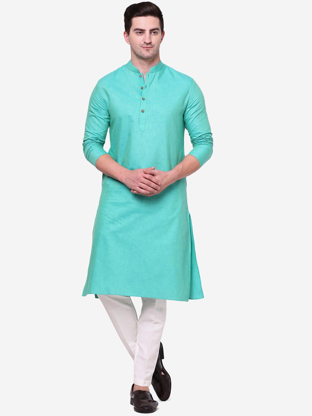 

THE KURTA COMPANY Mandarin Collar Long Sleeves Straight Kurta, Green