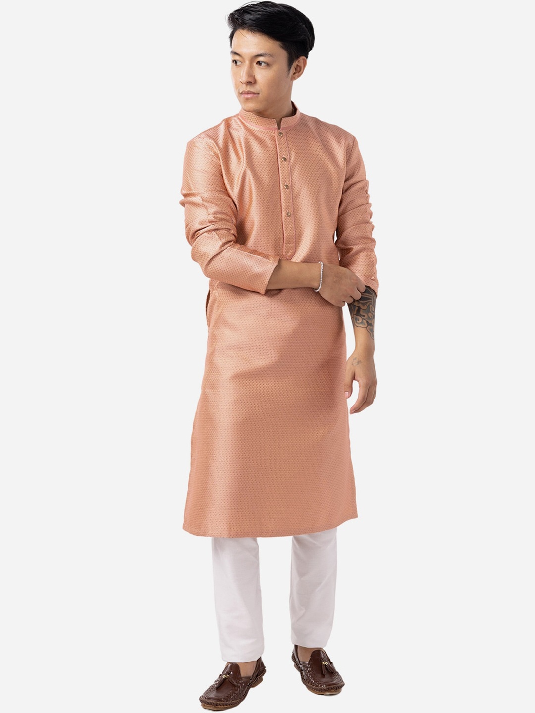 

THE KURTA COMPANY Woven Design Mandarin Collar Straight Kurta, Pink