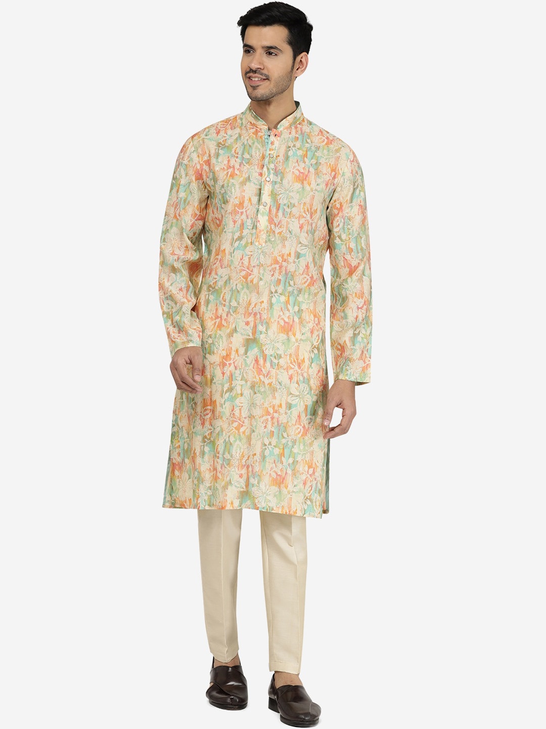 

THE KURTA COMPANY Floral Printed Mandarin Collar Cotton Straight Kurta, Cream