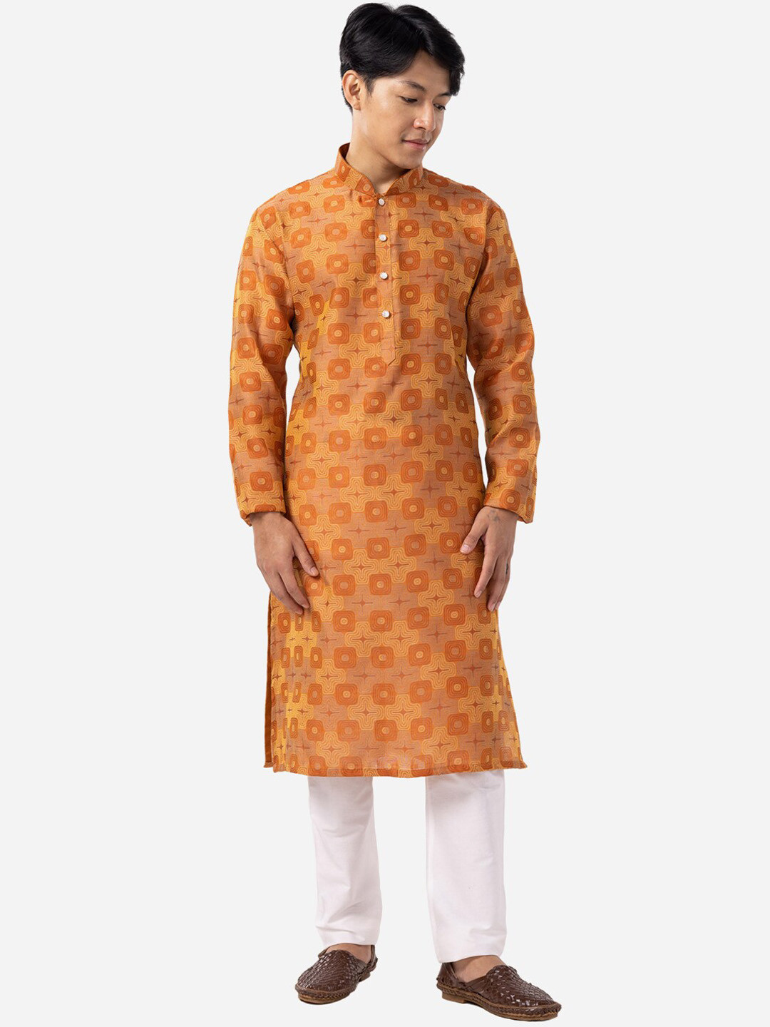 

THE KURTA COMPANY Ethnic Motifs Printed Mandarin Collar Long Sleeves Straight Kurta, Brown